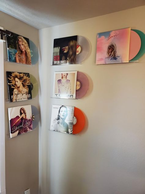 Got my babies displayed finally! Taylor Swift Vinyls On Wall, Vinyl Display Aesthetic, Taylor Swift Merch Display, Taylor Swift Vinyl Display, Taylor Swift Display, How To Display Cds, Vinyl Record Display Ideas, Taylor Swift Record Wall, Vinyl Wall Display