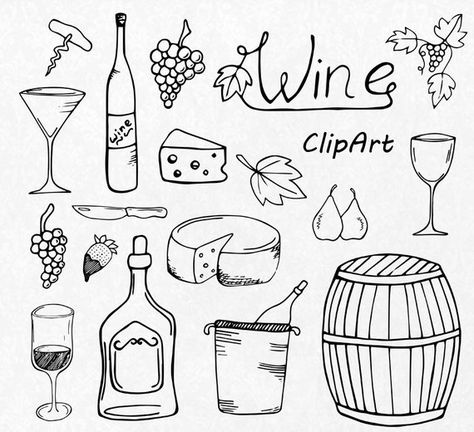 Wine Glass Doodle, Wine Doodle, Wine Glass Clipart, Wine Drawing, Grape Drawing, Wine Clipart, Seashell Clipart, Glass Clipart, Grapes And Cheese