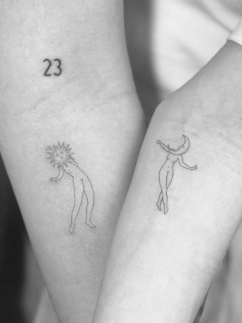 People With Tattoos, Handpoke Tattoo, 4 Tattoo, Bff Tattoos, Парные Тату, Matching Couple Tattoos, Sun Tattoos, Matching Tattoo, Dainty Tattoos