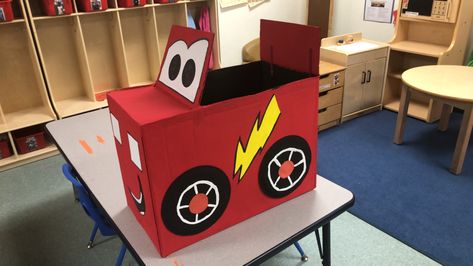 Lightning Mcqueen Cardboard Car, Mack From Cars Cardboard, Lighting Mcqueen Cardboard Box Car, Preschool Cardboard Box Car, Lightning Mcqueen Diy Box Car, Cardboard Car, Box Car, 3rd Birthday, Toy Chest