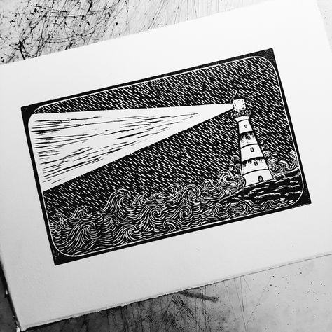 Woodcut Design, Water Lino Print, Beach Lino Print, Lighthouse Lino Print, Boat Linocut, Linocut Prints Architecture, Woodcut Illustration, Lighthouse Tattoo, Lighthouse Print