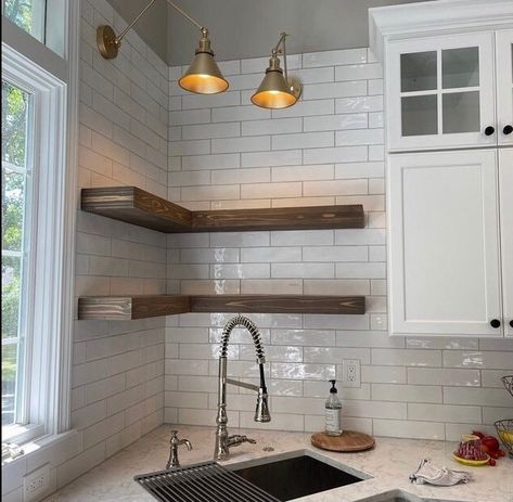 Kitchen Open Shelving Corner, Wood Floating Shelves Kitchen, Corner Shelves Kitchen, Corner Shelf Kitchen, Bathroom Floating Shelf, Floating Wood Shelves, Bathroom Wood Shelves, Farmhouse Shelf, Floating Shelves Kitchen