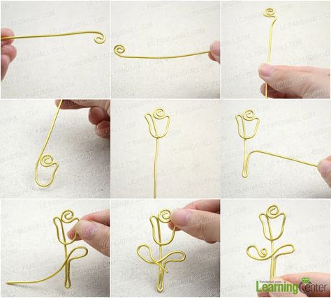 Learn to do vintage inspired handmade jewelry again! Make this fancy handmade tulip necklace by adorning it with gold, black and green wire. Wire Bookmarks, Tulip Necklace, Bijoux Fil Aluminium, Wire Jewelry Tutorial, Wire Flowers, Wire Jewelry Designs, Diy Wire Jewelry, Wire Work Jewelry, Handmade Wire Jewelry