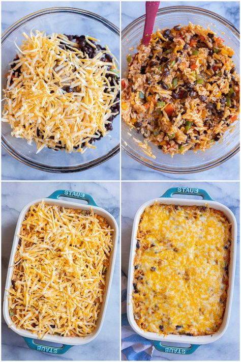 This Vegetarian Fajita Rice Casserole is packed with veggies and protein and super easy to make! Colorful bell peppers are mixed with rice, black beans, seasonings, enchilada sauce and cheese. Everything gets baked together in the oven, for a simple meal that's packed with tons of flavor. Add your favorite toppings and enjoy with tortilla chips! #easydinner #vegetarian #casserolerecipe #fajitas #glutenfree Fajita Rice Casserole, Easy Vegetarian Casseroles, Cheese Enchilada Casserole, Bean And Cheese Enchiladas, Fajita Rice, Gluten Free Enchiladas, Rice Black Beans, Pumpkin Quinoa, Stuffed Pepper Casserole