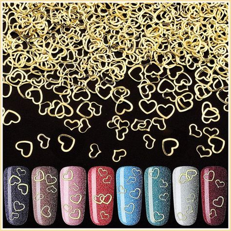 PAGOW 1000pcs 3D Gold Heart Nail Art Decals, Metal Charms Kits Love Metallic Art Metallic Art, Studs Diy, February Nails, Heart Nail Art, Heart Nail, Nail Art Decals, Acrylic Nail Kit, Studded Nails, Nail Art Sticker