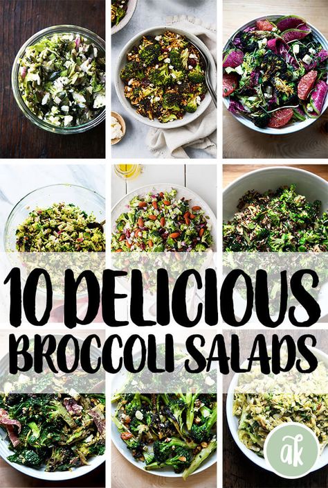 This roundup of quick and easy broccoli salad recipes includes a variety make-ahead salads loaded with nuts, seeds, and healthy dressings. #broccoli #salads #healthy #quick #easy Broccoli Salad Recipes Healthy, Broccoli Raw Recipes, Broccoli Salad Ideas, Raw Broccoli Salad Recipes, Greens And Grains Salad, Recipe Broccoli Salad, Brocolli Salad Recipes Healthy, Broccoli Recipes Salad, Vegan Broccoli Salad Recipe