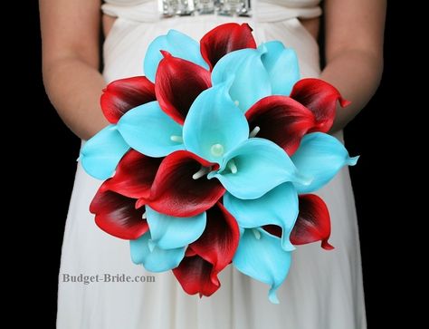 Lily Wedding Flowers, Red Calla Lily, Calla Lily Wedding Flowers, Blue Calla Lily, Blue Red Wedding, Wedding Flower Guide, Calla Lily Wedding, Red Wedding Theme, Tiffany Blue Wedding