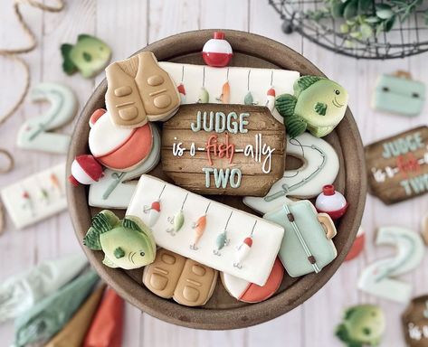 Fishing First Birthday Cookies, Second Birthday Fishing Theme, Bass Pro Shop Birthday Party, Oh Fishally One Birthday Cookies, Ofishally One Birthday Cookies, Ofishally One Cookies, Reeling In The Big One Birthday, Fish Garland, Sweet Baby Shower Ideas