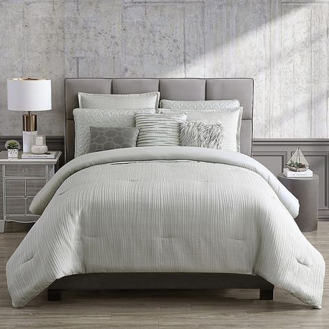 Lilac Bedroom, Gray Bedspread, Georgian Interiors, Chicago House, Future Bedroom, Bedroom Suites, Kids Outdoor Furniture, Textured Bedding, Grey Palette