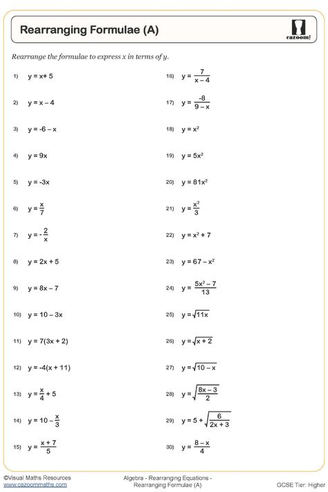 Explore the process of rearranging formulas with Rearranging formulae A resources for higher-tier students. This comprehensive guide covers formulas that require various steps, from simple rearrangements to complex ones involving up to six steps, including inversing square roots and squaring. Dive into equations with brackets and analyze the impact of expanding them before rearranging. Sharpen your math skills and deepen your understanding with this in-depth study resource for mastering formula Year 9 Maths Worksheets, Ks3 Maths Worksheets, Year 8 Maths Worksheets, Ks1 Maths Worksheets, Year 6 Maths Worksheets, Year 2 Maths Worksheets, Year 7 Maths Worksheets, Year 5 Maths Worksheets, Year 4 Maths Worksheets