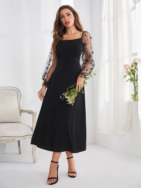 Embroidery Mesh Flounce Sleeve A-line Dress | SHEIN South Africa Farewell Dresses, Square Neckline Dress, Modest Formal Dresses, Black Dresses Classy, Formal Dresses With Sleeves, Long Sleeve Dress Formal, Black Dress Formal, Black Bridesmaid Dresses, Aline Dress