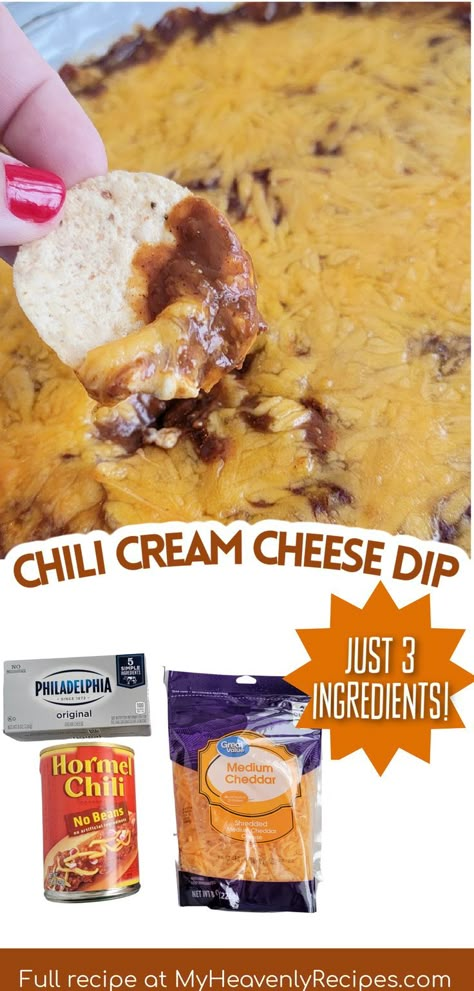 Chili Cream Cheese Dip Recipe- easy game day appetizer to make for football parties. Christmas, new years, any holiday its great. 3 ingredients only hormel chili cheddar cheese block of cream cheese. Bake cheese dip recipe. Hormel Chili Recipe, Hormel Chili Cheese Dip, 3 Ingredient Chili, Chili Bean Dip, Creamy Cheese Dip, Cheese Dip Recipes Easy, Chili Dip Recipes, Chili Cream Cheese Dip, Bean Cheese Dip