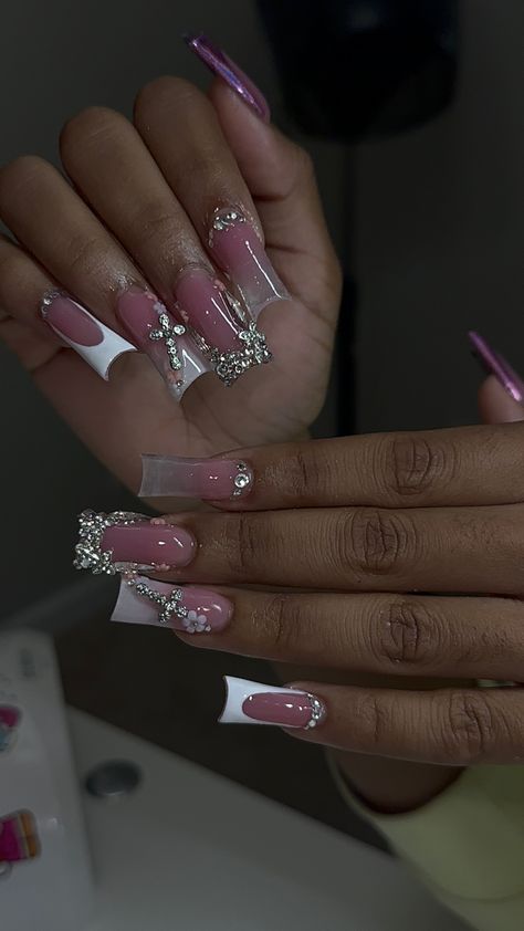 White Nails Charms, Subtle Duck Nails, Pink Nails With Charms, French Tip Pink Nails, Long Duck Nails, French Tip Pink, Nails With Charms, Nails Charms, Pink White Nails