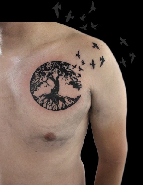 Tree Tattoo Chest, Tree Roots Tattoo, Bird Tattoo Men, Roots Tattoo, Tattoo Tree, Tree Tattoo Designs, Silhouette Tattoos, Chest Tattoo Men, Tree Of Life Tattoo