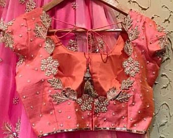 Lehengaskurtas blouses for adults and kids by GiaExquisiteIndian Blouse With Pearl Work, Embroided Blouse, Half Sari, Blouse Designes, Maggam Designs, Raw Silk Blouse, Blouse Works, Net Blouse, Blouses Designs