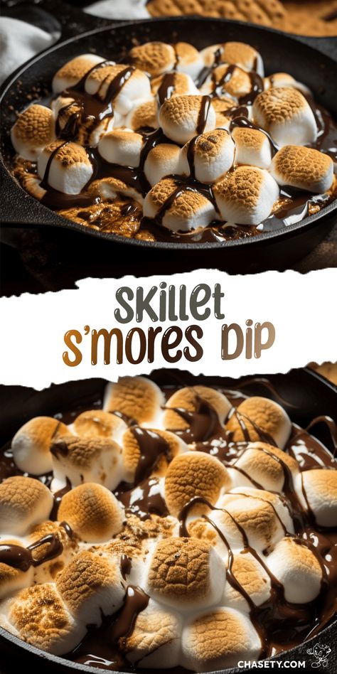 Skillet S'mores Dip [20 Minutes] - Chasety S’more Skillet, Smores Dip Recipe, Skillet Dip, Skillet Desserts, Smores Dip, Roasting Marshmallows, Smoker Recipes, Peanut Butter Chips, Melted Chocolate