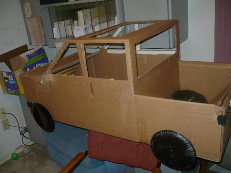 My daughter wanted to be a truck for Halloween so we used a cardboard box, paint, a lotta hot glue, some plastic cling wrap a pair of suspenders few other things and ta-da  we have a Chevy truck. How To Make A Car Out Of Cardboard, Cardboard Box Truck, How To Make A Cardboard Box Car, Cardboard Vehicles, Cardboard Jeep, Movie Drive In, Cardboard Box Cars, Cardboard Truck, Jeep For Kids