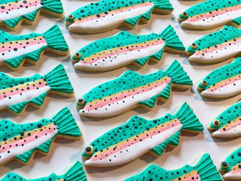 Rainbow Trout Cake Birthday, Royal Icing Fish Cookies, Fish Sugar Cookies, Camping Cookies, Fish Cookies, Royal Icing Sugar, Royal Iced Cookies, Trout Fish, Dads Birthday