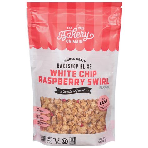 Real raspberries. Creamy white chips. Certified gluten free. Vegan. Whole Grain: 17 g or more per serving. Eat 48 g or more of whole grain daily. WholeGrainsCouncil.org. Non-GMO Project verified. nongmoproject.org. Est. 1992. Bakeshop Bliss. Life is easy on main street. With Bakery on Main, life is easy on Main Street! Since 1992, we've prided ourselves on our ability to craft incredibly delicious gluten-free and celiac-friendly granola. It's our belief that everyone should be able to enjoy food that doesn't sacrifice taste for wholesomeness, or indulge in a snack that's filling, nutritious, and fits perfectly within any individualized dietary wants and needs. That's the Bakery on Main promise - simple, effortless eating and snacking that's always on your terms. Our decadent whole-grain gr Granola Life, Raspberry Granola, Life Is Easy, Granola Cereal, Breakfast Cereal, Creamy White, Main Street, Granola, Swirl