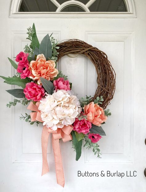 Handmade floral wreaths for any season. Some are ready to ship, but most are made to order. Please see details for each wreath for more information. Message us with any custom wreath order request. Cream Hydrangea, Door Ornament, Red Rose Wreath, Floral Door Wreaths, Spring Summer Wreath, Peach Peonies, Creative Wreaths, Peony Wreath, Diy Spring Wreath