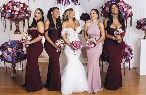 pinterest: @TRUUBEAUTYS💧 Mermaid Wedding Dress With Sleeves, Burgundy And Blush Wedding, Bridesmaid Colors, Black Bride, Burgundy Wedding, Blush Wedding, Wedding Bridesmaid Dresses, Rose Wedding, Wedding Bridesmaids