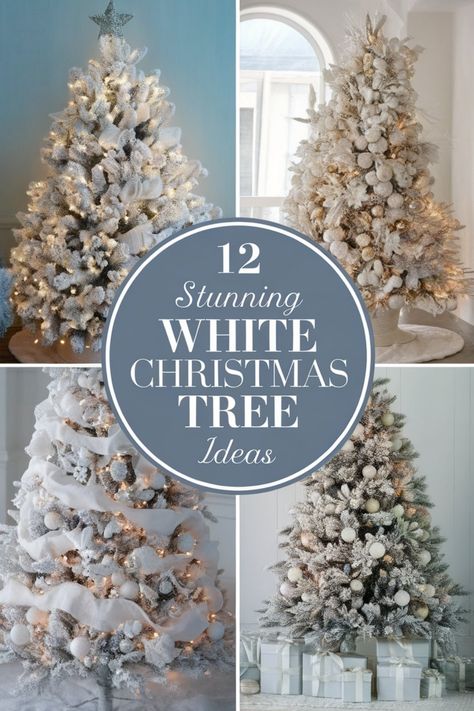 Collage showcasing four elegant white Christmas trees with unique decorations. White Flocked Tree With Colored Lights, Flocked Christmas Tree With White Decor, Flocked Christmas Tree With Silver Ornaments, Natural White Christmas Tree, Christmas Tree With Snowflakes, White And Gold Flocked Christmas Tree, White And Natural Christmas Tree, White Tree Decor Ideas, White Snow Christmas Tree Decorations