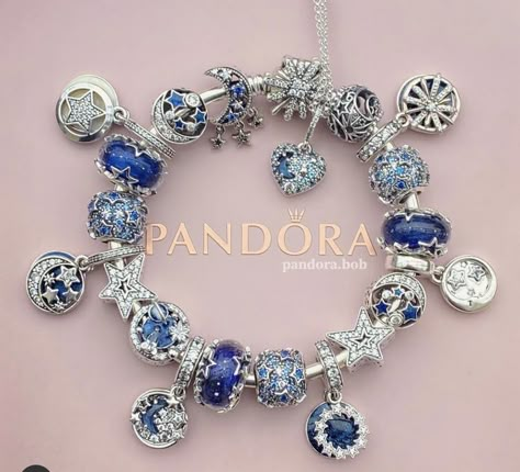 Blue Pandora Bracelet Ideas, Dark Blue Pandora Bracelet, Pandora Bracelet Charms Ideas Style, Pandora Charm Bracelet Aesthetic, Pandora Azul, Blue Pandora Bracelet, Pandora Bracelet Aesthetic, Pandora Bracelet Ideas, Charm Bracelets For Girls