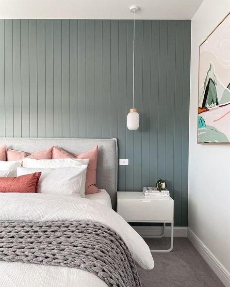 Knockdown Rebuild ‘Shaw’’s Instagram profile post: “The green VJ panelling makes this master bedroom a tranquil and calming space.” Bedroom Feature Wall, Feature Wall Bedroom, Dekorasi Kamar Tidur, Bedroom Paint, Simple Bedroom, Blue Bedroom, Master Bedrooms Decor, Wall Ideas, White Bedroom