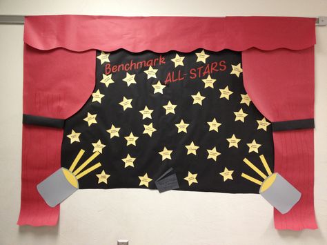 Celebrating student success on benchmark tests. All stars board. Celebrate Bulletin Board Ideas, Star Student Board, Hollywood Theme Classroom, Celebrating Success, Stars Classroom, Valentines Day Bulletin Board, School Awards, Author Spotlight, Red Ribbon Week