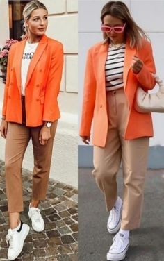 Orange Blazer Outfits For Women Casual, Styling Orange Pants, Blazer Naranja Outfit Mujer, Outfits Con Blazer Naranja, Orange Blazer Outfits For Women, Casual Outfits Cold Weather, Casual Outfits Cold, Coral Blazer Outfit, Orange Jacket Outfit