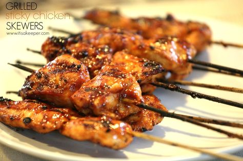 Grilled Sticky Chicken Skewers from It's a Keeper Chicken Skewer Recipe, Cooking Spaghetti, Chicken On A Stick, Grilled Chicken Skewers, Sticky Chicken, Skewer Recipes, Chicken Kabobs, Chicken Skewers, Grilled Chicken Recipes