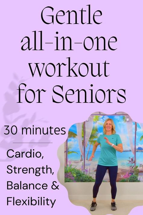 This 30 minute workout includes cardio, strength, balance & flexibility exercises. Perfect for seniors and beginners. Gentle Workout, Gentle Exercise, Exercise For Seniors, Senior Exercises, Flexibility Exercises, Exercises For Seniors, Yoga For Seniors, Fitness Healthy Lifestyle, Basic Workout