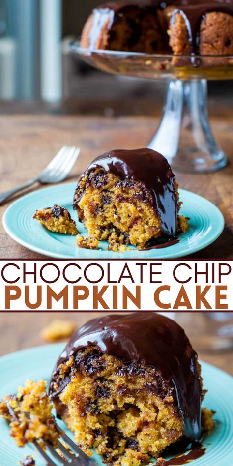 Pumpkin Chocolate Chip Bundt Cake (+ Ganache Frosting) - Averie Cooks Pumpkin And Chocolate Cake Mix Recipes, Pumpkin Cake With Chocolate Chips, Pumpkin Chocolate Chip Bundt Cake, Pumpkin Chocolate Chip Bundt, Pumpkin Chocolate Chip Cake, Easy Pumpkin Cake, Roasted Pumpkin Recipes, Chocolate Chip Bundt, Cake Ganache