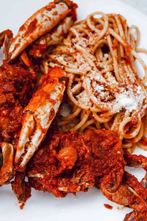 Crab Marinara | Foodtalk Chicago Dog Recipe, Crab Sauce Recipe, Blue Crab Recipes, Crab Spaghetti, Crab Sauce, Marinara Recipe, Blue Crabs, Pasta Noodle Recipe, Crab And Lobster