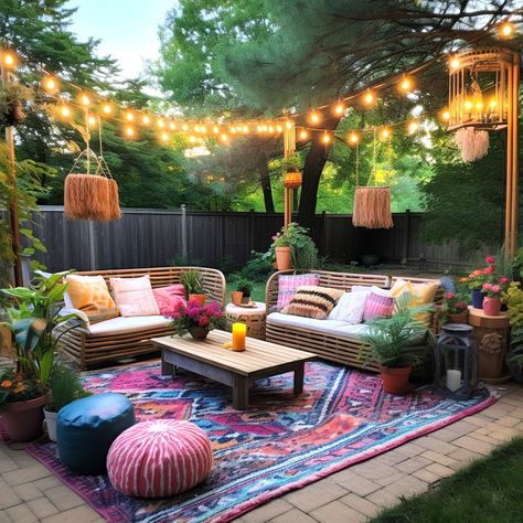 Boho Hippie Lifestyle Hippie Backyard, Pretty Patios, Hippie House, 60s Home, Balcony Design Ideas, Colorful Patio, Hippie Lifestyle, Hippie Homes, Apartment Decor Inspiration