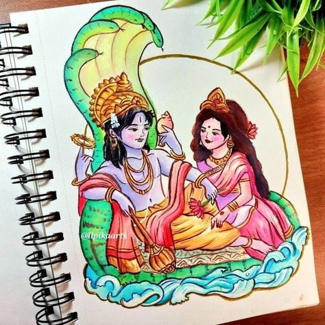 Vishnu Lakshmi Paintings, Vishnu Laxmi Drawing, Drawing Ideas Goddess, Laxmi Narayan Drawing, Cartoon God Drawing, Laxmi Narayan Painting, Laxmi Goddess Drawing, Narayan Drawing, Lord Vishnu Drawing