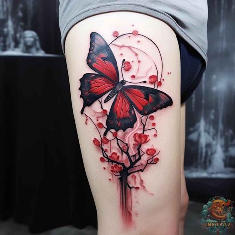 52 Red Butterfly Tattoos: A Symbol of Life and Beauty - inktat2.com Sleeve Tattoos Red And Black, Red Shading Tattoo, Blue And Red Butterfly Tattoo, Red Butterfly Tattoo Drawing, Red Tattoos For Women Butterfly, Two Red Butterfly Tattoo, Red Shaded Butterfly Tattoo, Red Butterfly Tattoo, Lower Stomach Tattoos For Women