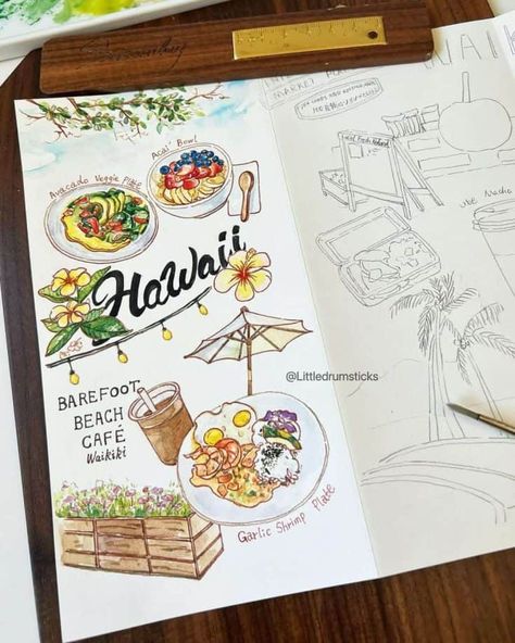 Food is a big part of your trip; it's one of the best ways to experience new cultures if you ask me. So why not create a special page in your travel journal just about food? Hawaii Travel Journal, Veggie Plate, Vacation Hawaii, Travel Art Journal, Hawaii Art, Travel Sketches, Hawaii Vacation, Hawaii Travel, Travel Art