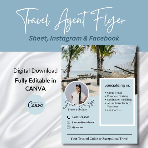 These travel agent introduction flyer templates offer a convenient and cost-effective solution to elevate your professional image. With easy customization options, you can effortlessly personalize each flyer to reflect your unique brand identity and expertise.  ⭐What's Included⭐ 4 formats to give you flexibility and consistency  - 8.5 x 11 sheet (great for printing or sending PDF via email) - Instagram posts 1080 x 1080 AND 1080 x 1350 - Facebook posts (landscape) 1200 x 630 ⭐Advantages⭐ 📍easy Travel Agency Marketing, Travel Agent Posts, Travel Agent Quote Template, Why Use A Travel Agent, Travel Agent Flyer, Agency Instagram, Become A Travel Agent, Publication Facebook, Professional Image