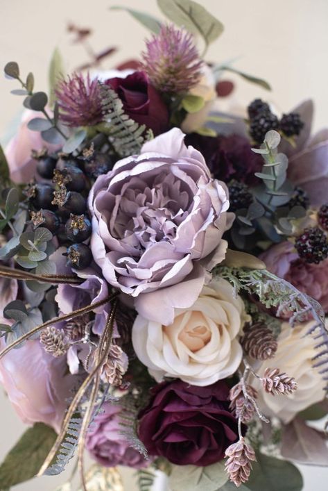 Lavender And Wine Wedding Colors, Purple Burgundy Wedding Flowers, Purple And Burgundy Bouquet, Deep Purple Flower Arrangements, Taupe And Purple Wedding, Purple Roses Centerpieces, Plum Wedding Flowers Bride Bouquets, Shades Of Purple Fall Wedding, Plum And Wisteria Wedding