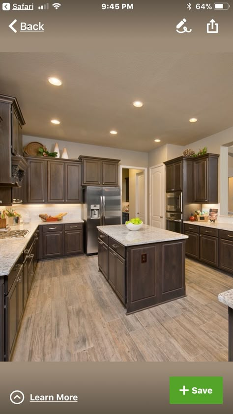 Dark Kitchen Cabinets And Light Floors, Brown Cabinets Gray Floor, What Color Flooring With Dark Cabinets, Flooring With Brown Cabinets, Light Flooring Dark Cabinets, Kitchen Flooring With Dark Wood Cabinets, Medium Brown Kitchen Cabinets Ideas, Darker Kitchen Ideas, Cabinet And Floor Color Combinations