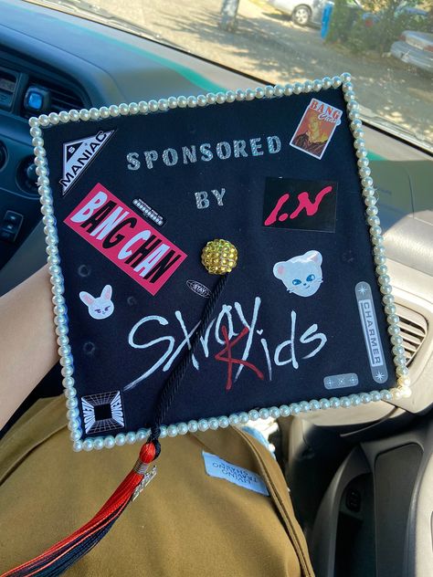 Skz Graduation, Skz Graduation Cap, Stray Kids Graduation Cap, Red Graduation Cap, Graduation Cap Decoration Diy, High School Graduation Cap, College Graduation Cap Decoration, Grad Hat, Grad Cap Designs