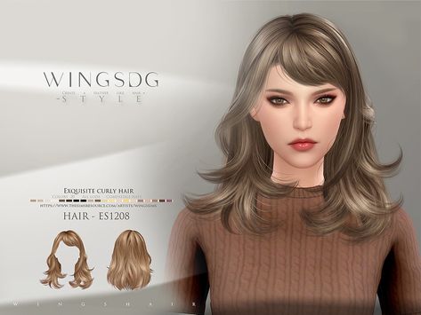 The Sims Resource - WINGS-ES1208-Exquisite curly hair Side Braid With Bun, Forehead Hair, Dyed Curly Hair, Curly Mullet, Autumn Trends, Colored Curly Hair, Sims 4 Downloads, All Hairstyles, Lob Hairstyle