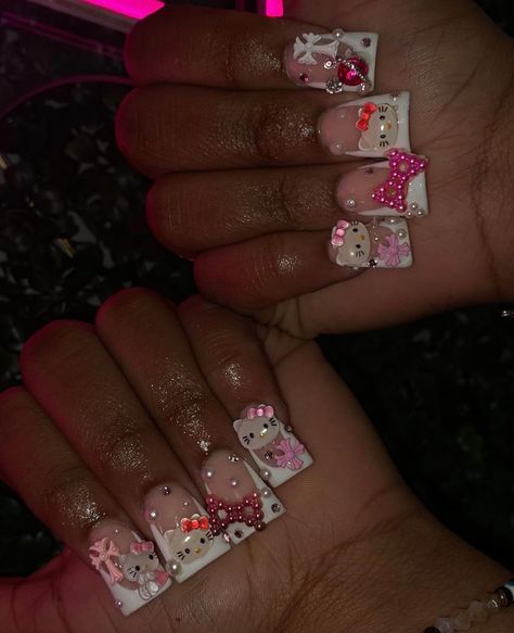 follow for more! Nail Pics, Y2k Hello Kitty, Kitty Accessories, Duck Nails, Hello Kitty Accessories, Nail Sets, Long Acrylic, Long Square Acrylic Nails, Bling Acrylic Nails