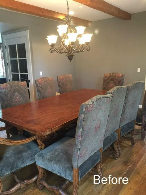 Dining Rooms 2023, Dining Room Dark Table, Modern Traditional Dining Table, Dining Room Upholstered Chairs, Update Dining Room, Updated Traditional Dining Room, Traditional Dining Room Furniture, Old Dining Room, Formal Dining Room Table