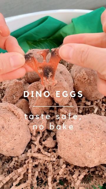 Wendy | Pediatrician on Instagram: "DINO EGGS 🦕 Taste safe and no baking required! ♥️ and SAVE to try! 🌟 EGG RECIPE 🌟 ✔️4 cups of flour (spread thinly and bake at 350 degrees F for 5 minutes until internal temperature reaches 160 degrees to reduce potentially harmful bacteria) ✔️ 1/2 cup of cocoa powder ✔️ 1 cup of oil 🌟 TO MAKE 🌟 1️⃣ Mix ingredients well 2️⃣ Form eggs and hide plastic dinosaurs inside 3️⃣ FREEZE - 30 minutes in the freezer was the perfect firmness for our 1 year old. Le Dino Egg Activities, Dinosaur Egg Activity, Dino Eggs Baking Soda, Frozen Dinosaur Eggs Sensory Play, Dino Fossil Dig, Freezing Eggs, Dino Eggs, Dinosaur Eggs, Dino Birthday