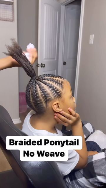 Kid Feed In Braid Styles Ponytail, Kiddie Braided Ponytail, Braided Ponytail With Bangs For Kids, Little Black Girls Braided Hairstyles For Kids Ponytail, Feed In Ponytail Kids, Braids Going Up Into A Ponytail, Kid Braid Ponytail Styles, Kids Weave Ponytail, Kids Feed In Ponytail