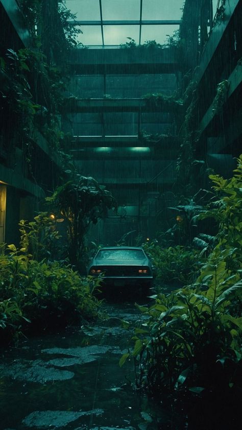 Solarpunk Aesthetic Wallpaper, Green Apocalypse Aesthetic, Green Car Aesthetic, Dystopian Aesthetic, Apocalypse Aesthetic, Bike Aesthetic, Dark Green Aesthetic, Artist Aesthetic, Retro Wallpaper