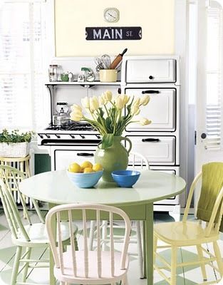 main st sign Painted Kitchen Floors, Green Kitchen Paint, Yellow Kitchen Designs, Vintage Stoves, Dream Kitchens Design, Kitschy Kitchen, Kitchen Paint Colors, Yellow Kitchen, Green Home Decor