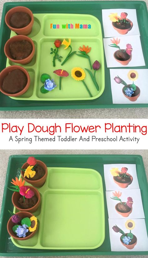 Spring Flower Planting Play Dough Activity! A great spring themed toddler and preschool activity! Spring Flower Planting, Flower Planting, Preschool Spring, Preschool Garden, Plant Activities, Playdough Activities, Plant Crafts, Spring Preschool, Invitation To Play